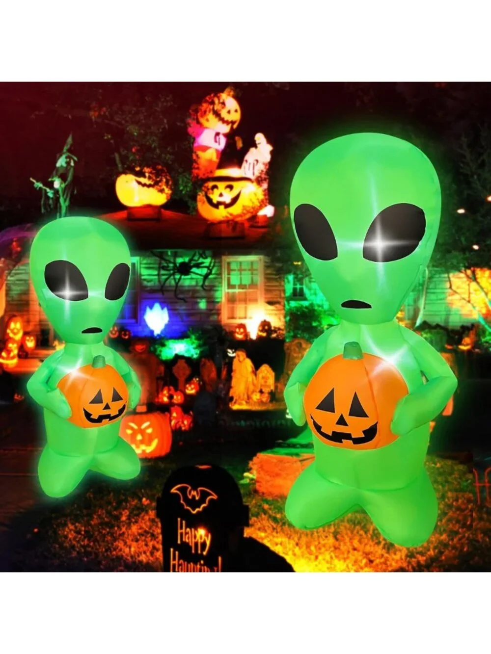 4 FT Halloween Inflatable Alien & Pumpkin - LED Lighted Yard Decor for Parties